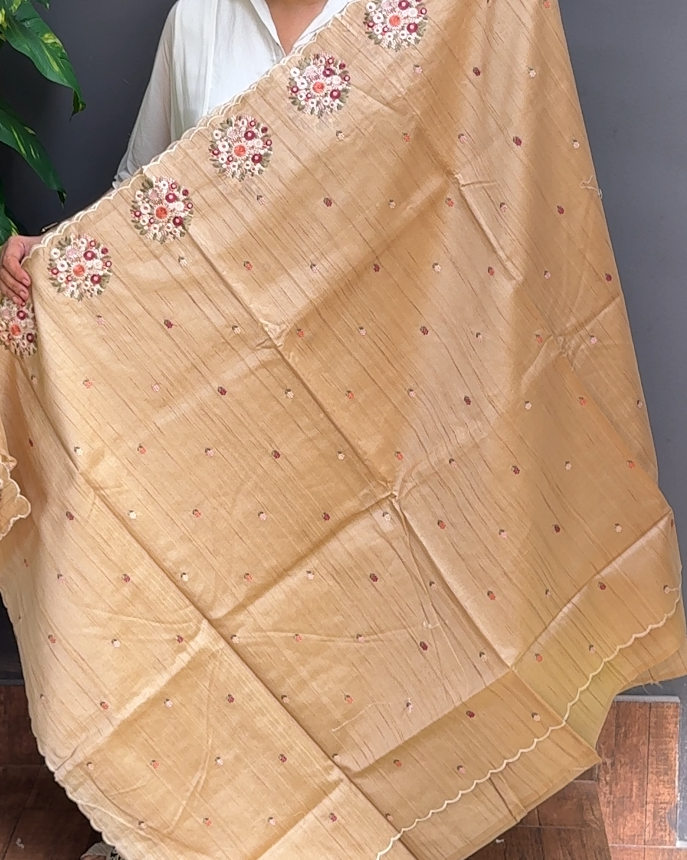 1968SR05 | Chikku Blended Beige Soft Semi Silk Saree W/ Full Body Floral Embroidery Work Motifs W/ Border & Pallu