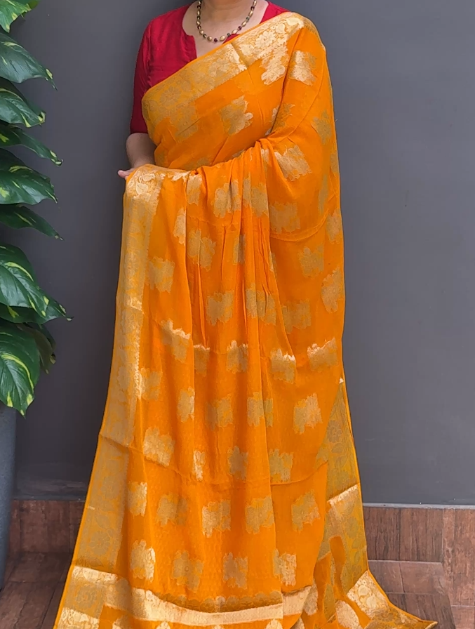 1980SR05 | Haldi Yellow Crepe Georgette Saree W/ Full Body Banarasi Woven Motifs W/ Border & Pallu