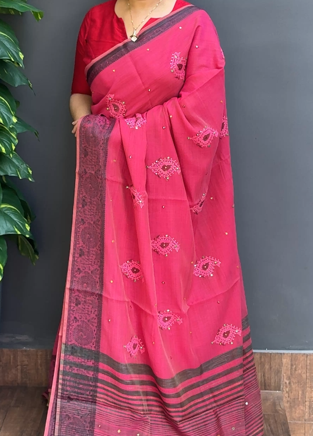 1868SR05 | Dragon Fruit Chanderi Blended Cotton Saree W/ Full Body Thread Embroidery Motifs-Badhla Mirror Work W/ Varli Border & Pallu