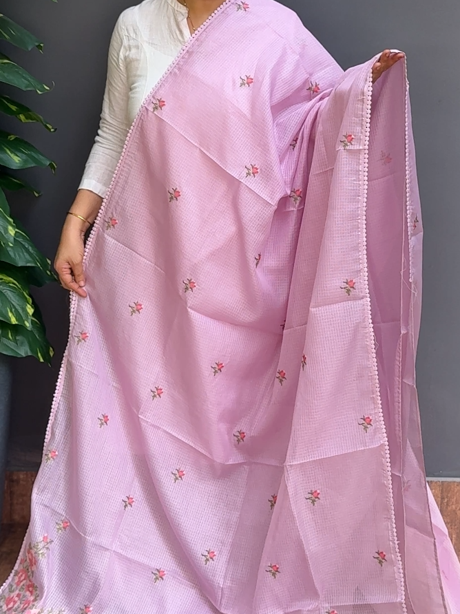 1937SR05 | Lavender Soft Silky Cotta Saree W/ Full Body Cross-Stitch Embroidery Work Motifs W/ Crochet Lace Border & Pallu