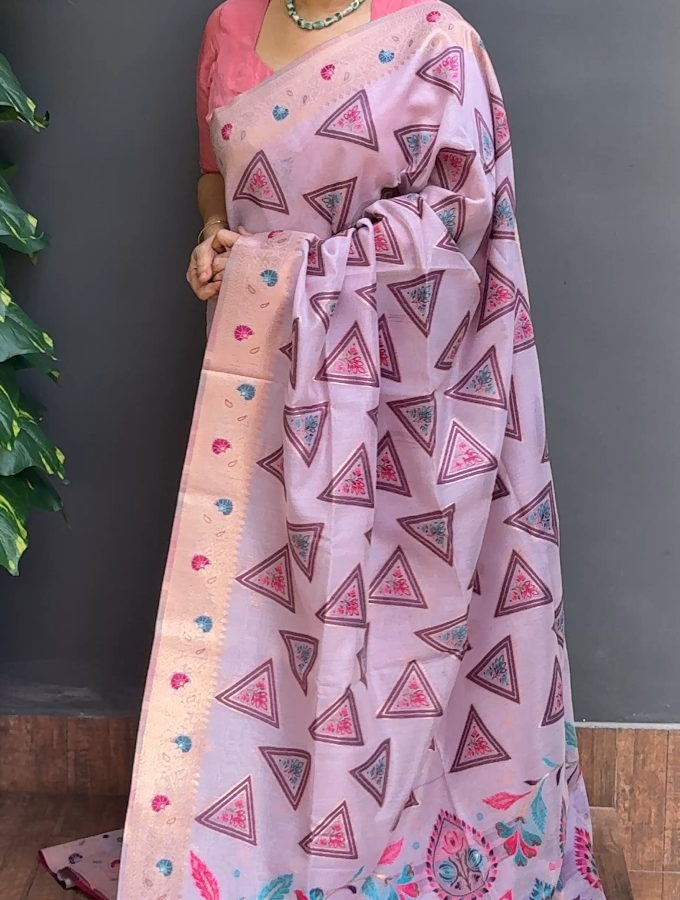 1955SR05 | Lavender Kora Banarasi Saree W/ Full Body Multicolor Thread Woven Pattern W/ Border & Pallu