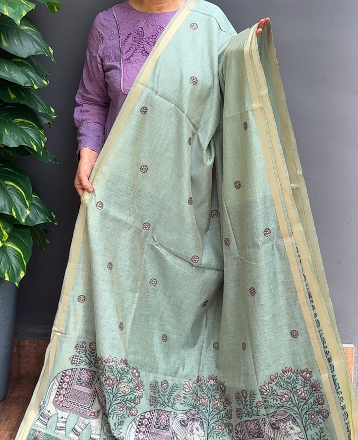 1951SR05 | Sage Green Soft Chanderi Saree W/ Full Body Thread Woven Pattern W/ Border & Pallu