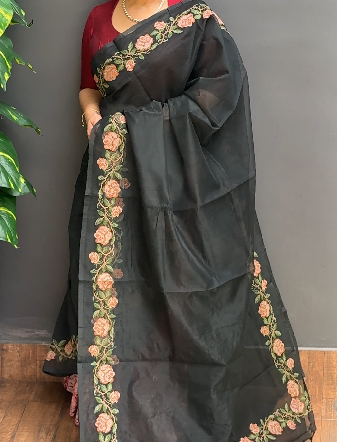 1938SR06 | Black Supernet Cotta Saree W/ Full Body Multicolor Cross Stitch Embroidery Work W/ Border & Pallu