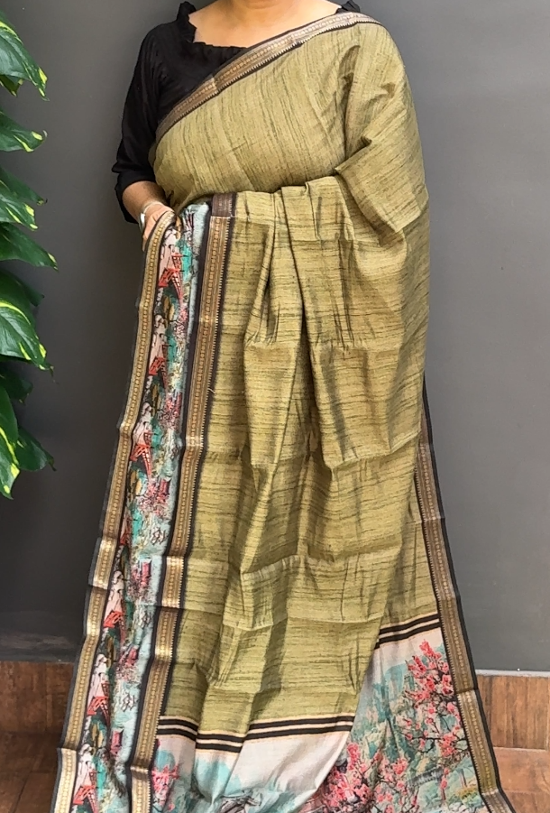 1900SR06 | Olive Green Soft Semi Chanderi Saree W/ Full Body Digital Print W/ Border & Pallu