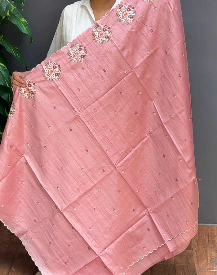 1968SR06 | Peach Soft Semi Silk Saree W/ Full Body Floral Embroidery Work Motifs W/ Border & Pallu