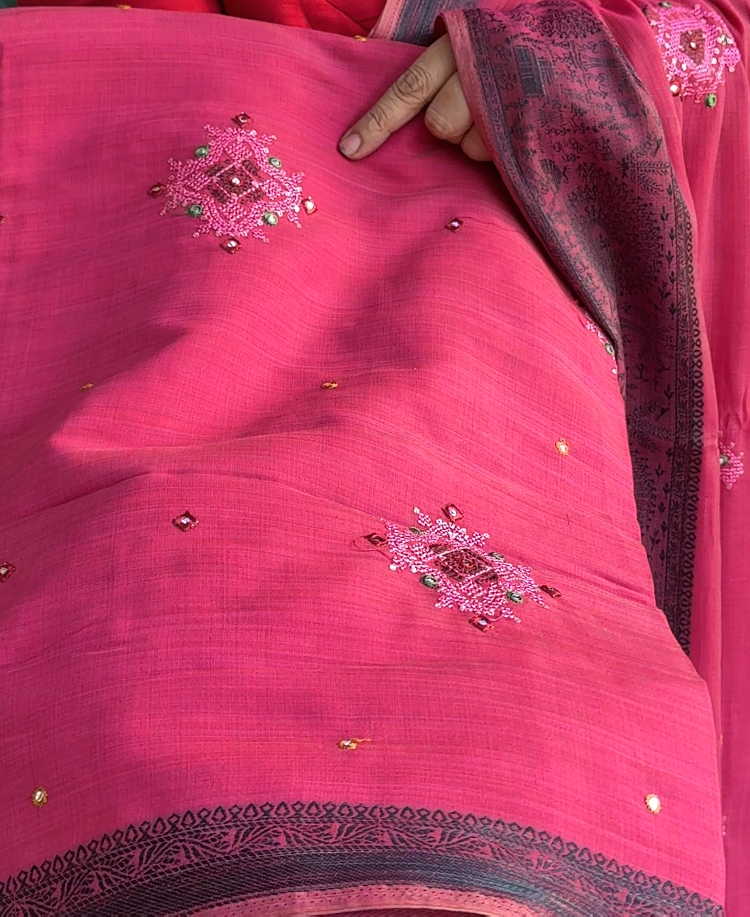 1868SR06 | Dragon Fruit Chanderi Blended Cotton Saree W/ Full Body Thread Embroidery Motifs-Badhla Mirror Work W/ Varli Border & Pallu