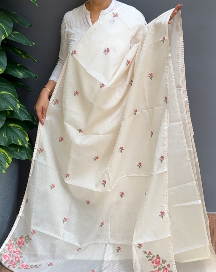 1937SR06 | Off-Cream Soft Silky Cotta Saree W/ Full Body Cross-Stitch Embroidery Work Motifs W/ Crochet Lace Border & Pallu