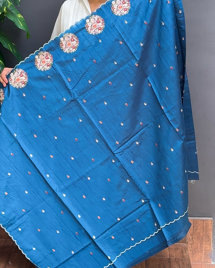 1968SR07 | Peacock Blue Soft Semi Silk Saree W/ Full Body Floral Embroidery Work Motifs W/ Border & Pallu