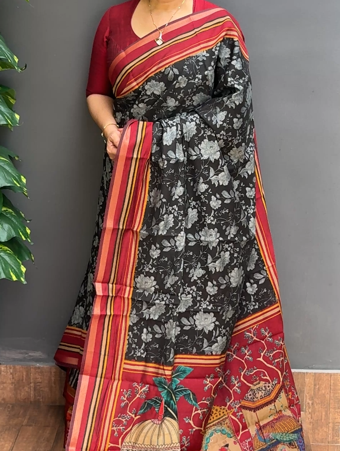 1880SR07 | Black Soft Semi Chanderi Saree W/ Full Body Floral Design W/ Border & Pallu