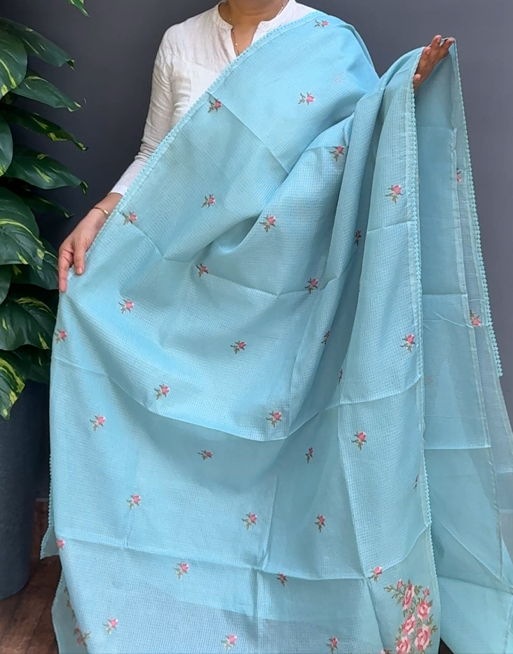 1937SR07 | Sea Blue Blended Powder Blue Soft Silky Cotta Saree W/ Full Body Cross-Stitch Embroidery Work Motifs W/ Crochet Lace Border & Pallu