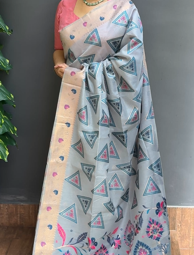 1955SR07 | Powder Blue Kora Banarasi Saree W/ Full Body Multicolor Thread Woven Pattern W/ Border & Pallu