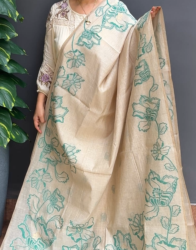 1924SR08 | Turquoise Green Soft Chanderi Saree W/ Full Body Floral Thread Woven Pattern W/ Border & Pallu