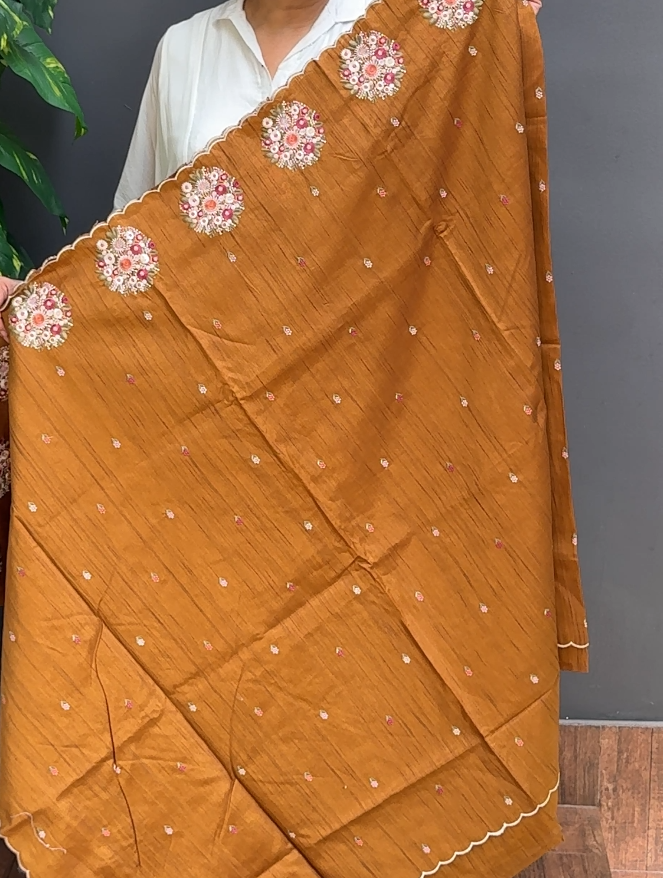 1968SR08 | Golden Honey Soft Semi Silk Saree W/ Full Body Floral Embroidery Work Motifs W/ Border & Pallu