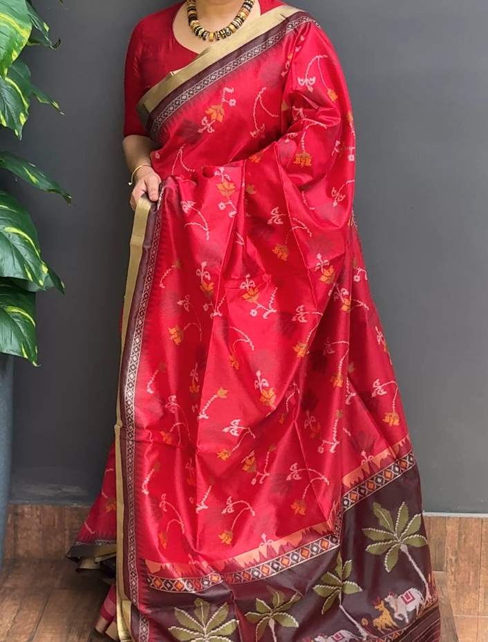 1940SR08 | Chilly Red Soft Semi Silk Saree W/ Full Body Ikkath Thread Woven Pattern W/ Border & Pallu