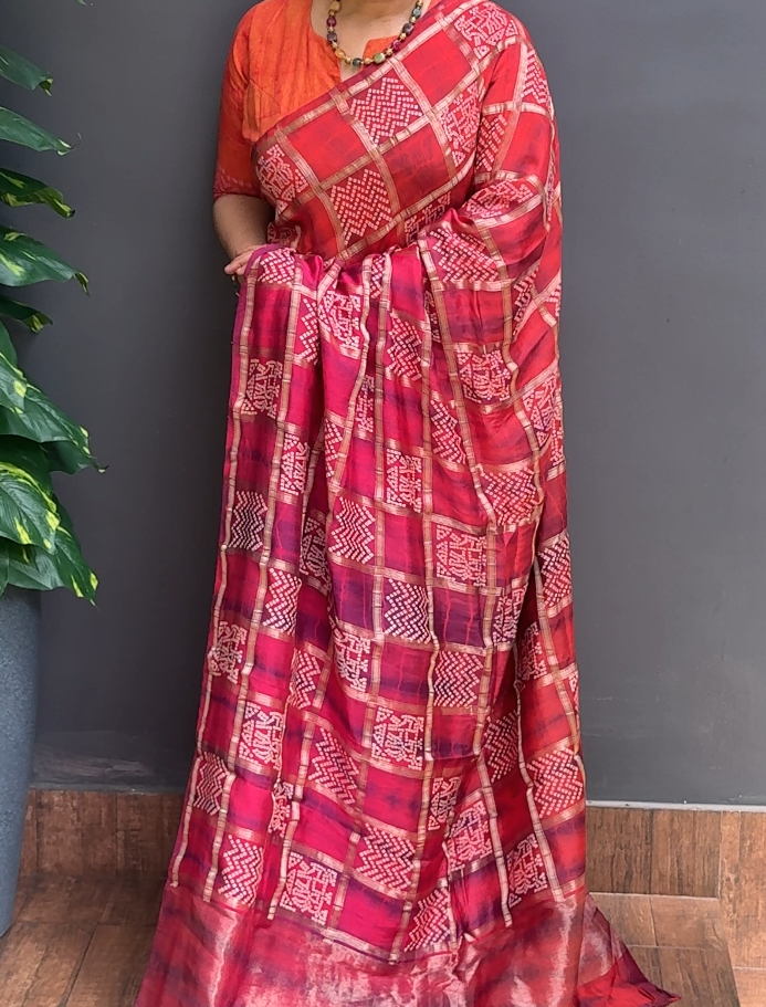 1943SR09 | Multicolor Soft Pure Silk Saree W/ Full Body Golden Zari Woven Checkered Pattern-Bandhani Design W/ Border & Pallu