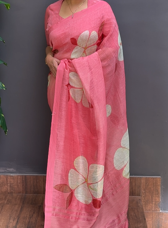 2009SR01 | Pastel Peach Pure Silk Linen Saree W/ Full Body Multicolor Floral Design W/Border & Pallu