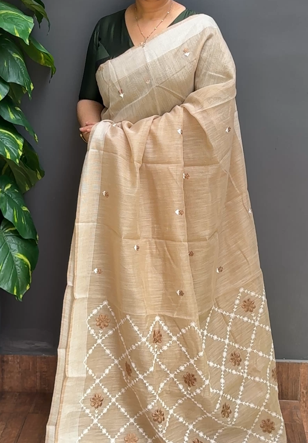 2006SR10 | Chikku Bhagalpuri Linen Saree W/ Full Body Embroidery Work W/ Border & Pallu