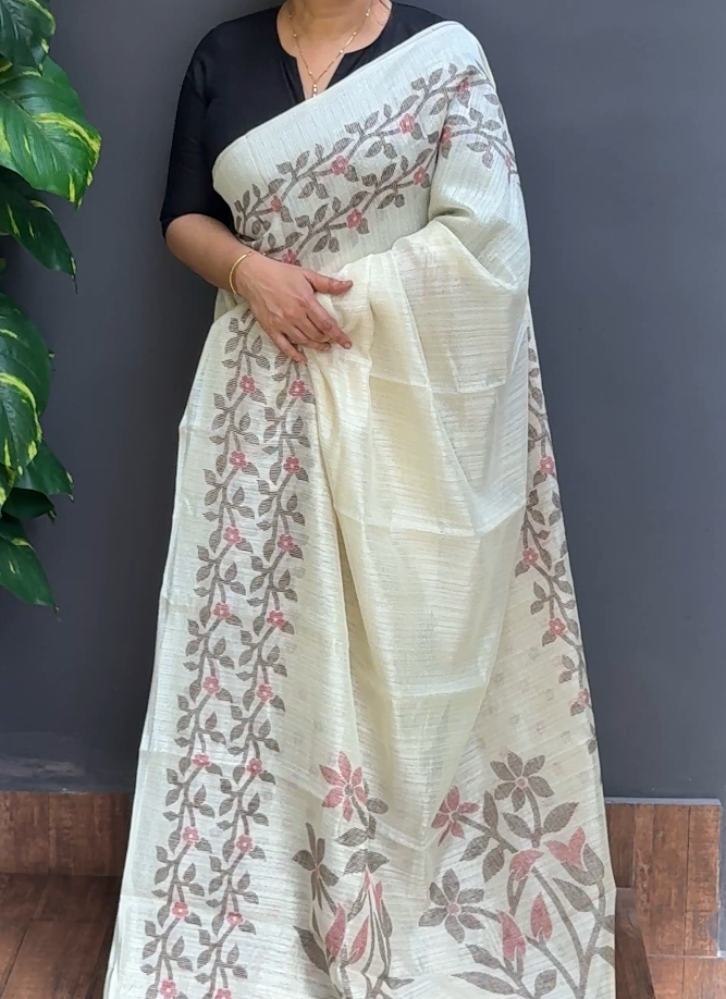 2016SR11 | Ivory Cream Semi Green Silk Saree W/ Full Body Jamdhani Print W/ Border & Pallu