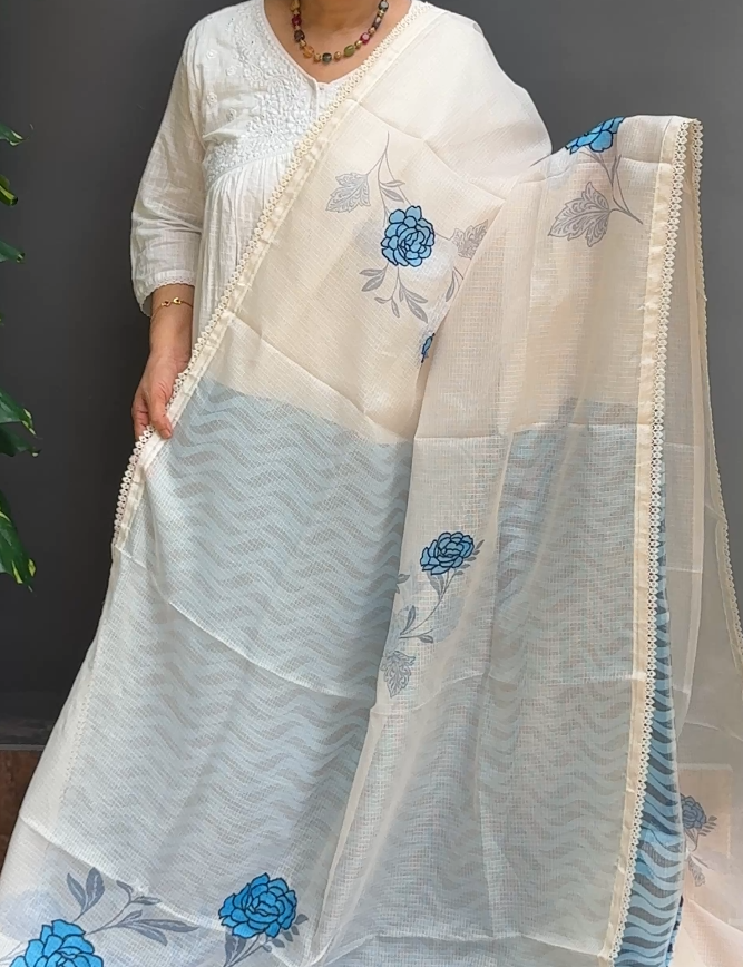 1965SR12 | Ivory Cream Soft Silky Cotta Saree W/ Full Body Floral Design-Thread Work W/ Border & Pallu