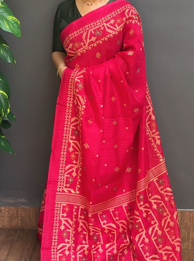 2020SR15 | Fuchsia Majenta Semi Green Silk Saree W/ Full Body Jamdhani Print W/ Border & Pallu