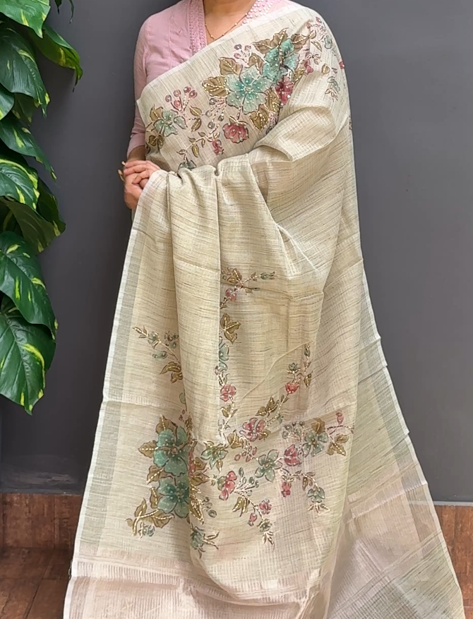 2006SR02 | Pastel Mint Green Supernet Cotta Saree W/ Full Body Multicolor Floral Handwork Work W/ Pallu