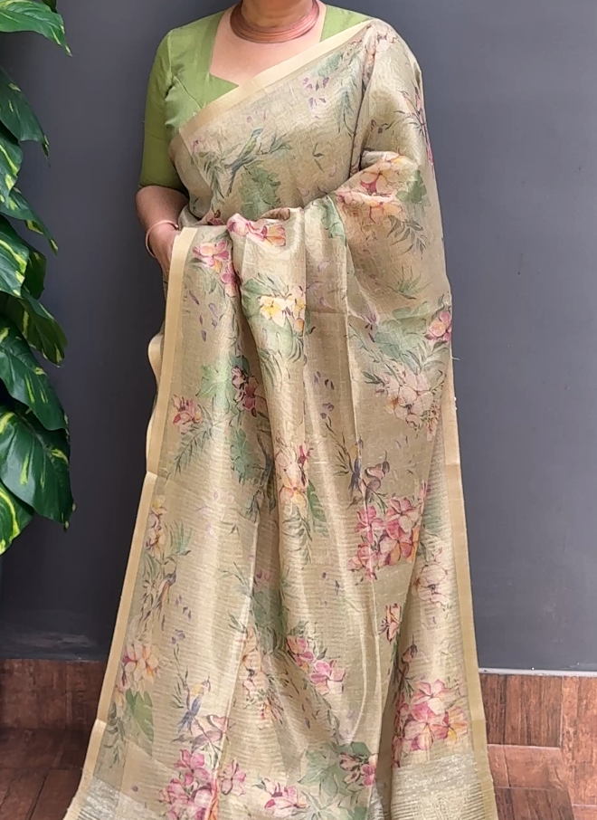 1976SR02 | Pastel Green Linen Blended Tissue Saree W/ Full Body Floral Design W/ Border & Pallu