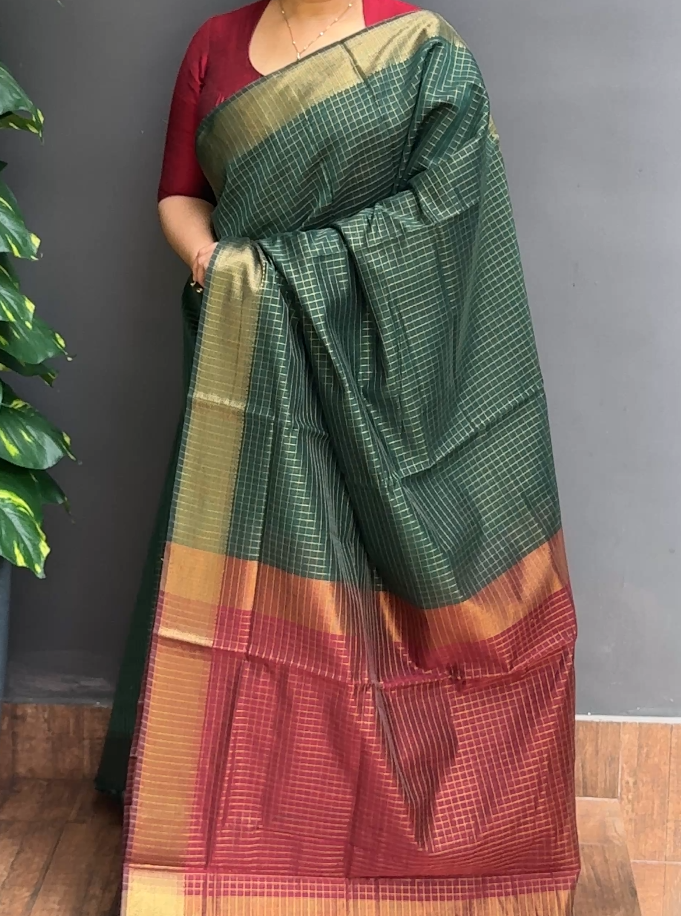 2011SR03 | Bottle Green With Maroon Chanderi Saree W/ Full Body Checkered Pattern W/ Border & Pallu