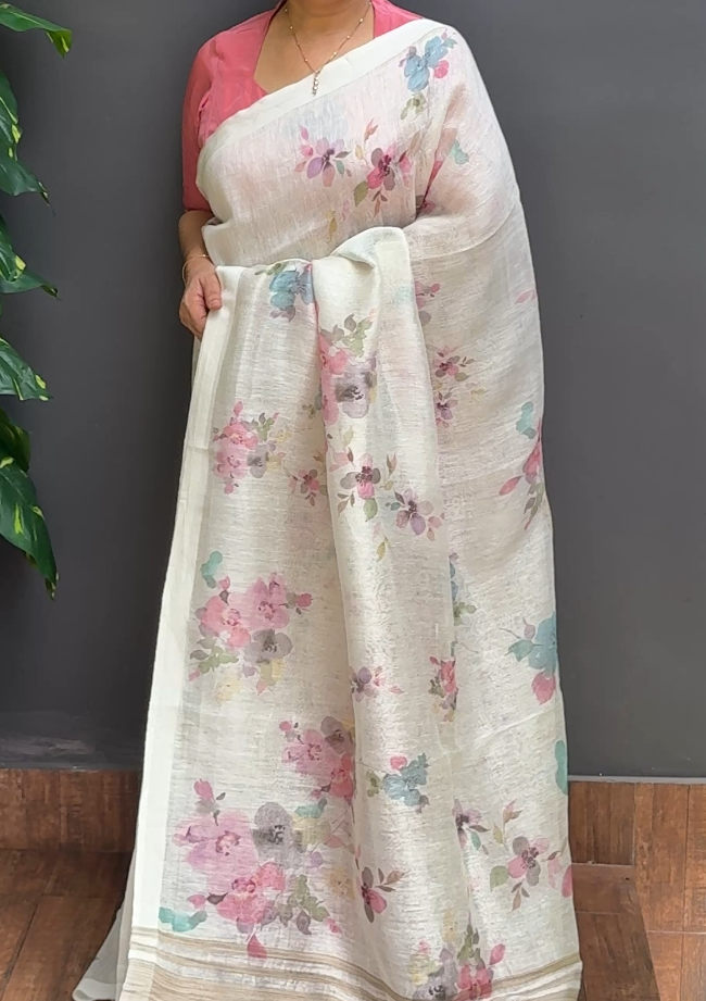 2009SR03 | Pearl Cream Pure Silk Linen Saree W/ Full Body Multicolor Floral Design W/Border & Pallu