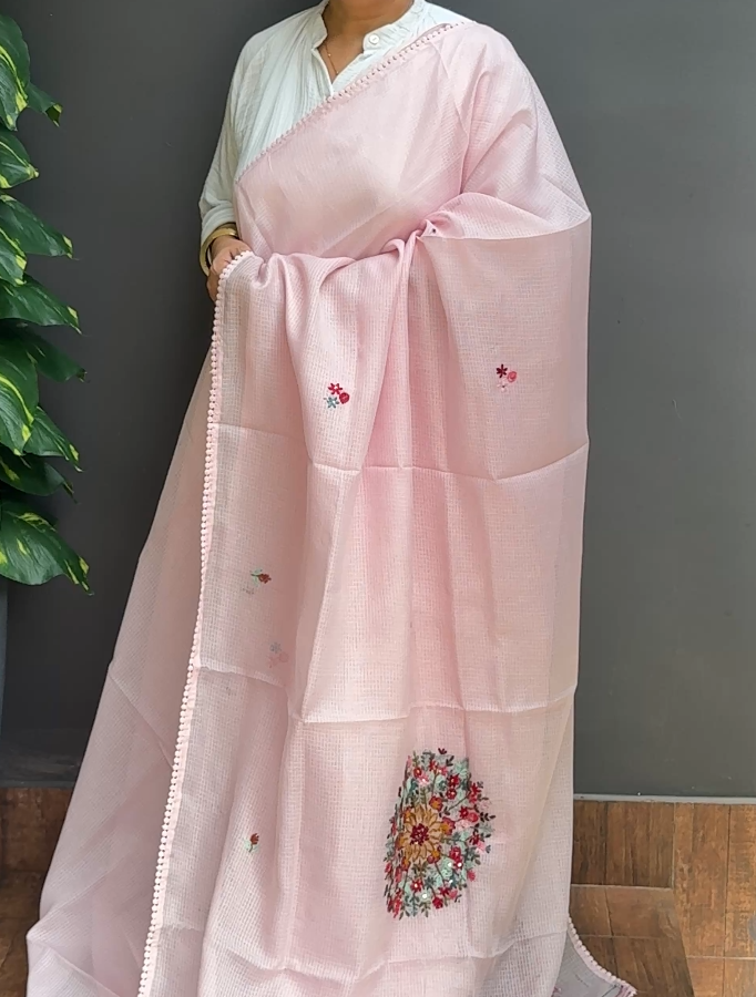2008SR04 | Pastel Baby Pink Soft Silky Cotta Saree W/ Full Body Floral Handwork Motifs W/ Crochet Lace Border & Pallu