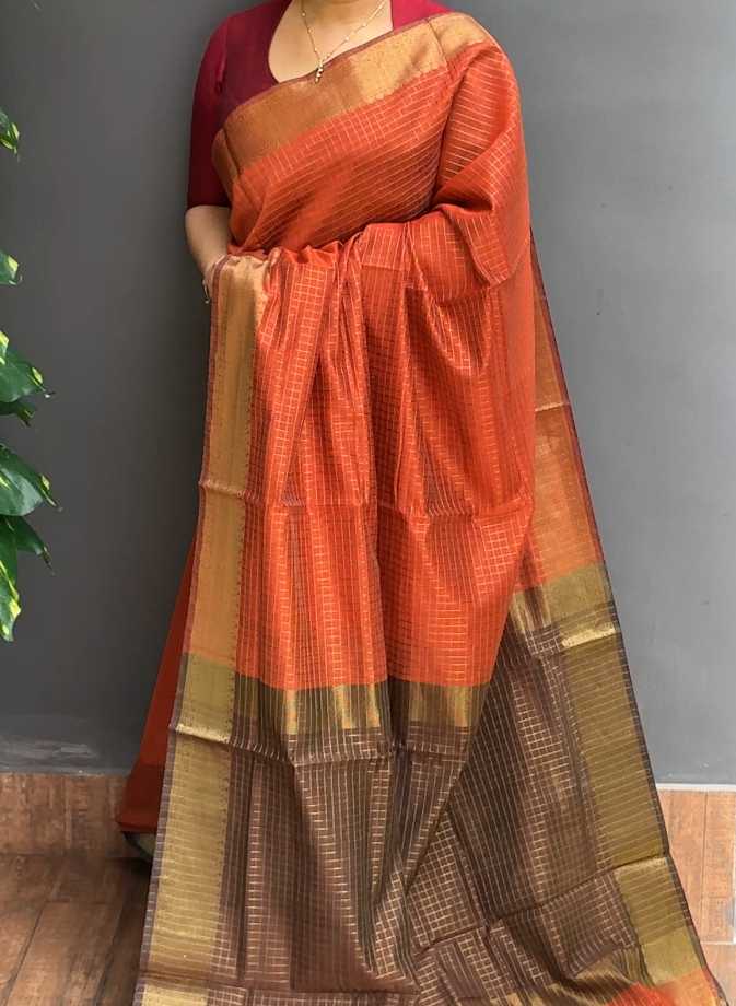 2011SR04 | Rustic With Coffee Brown Chanderi Saree W/ Full Body Checkered Pattern W/ Border & Pallu