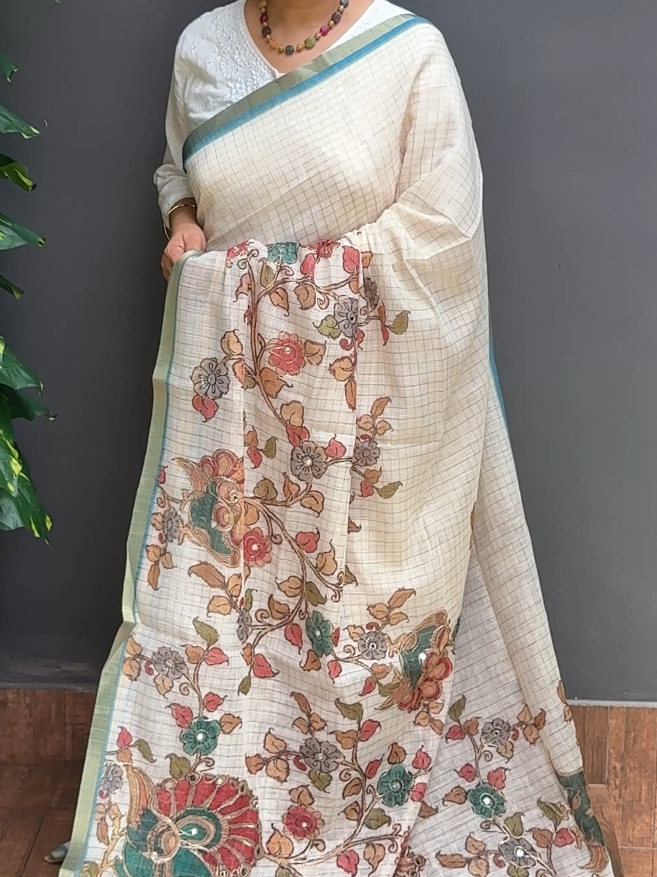 1965SR05 | Pearl Cream Soft Mul Chanderi Saree W/ Full Body Checkered Pattern-Chain Stitch Badhla Mirror Work W/ Border & Pallu