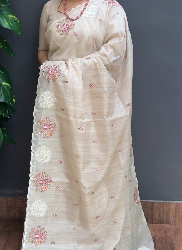 2000SR05 | Pearl Cream Supernet Cotta Saree W/ Full Body Floral Embroidery Work Motifs W/ Applique Work Border & Pallu