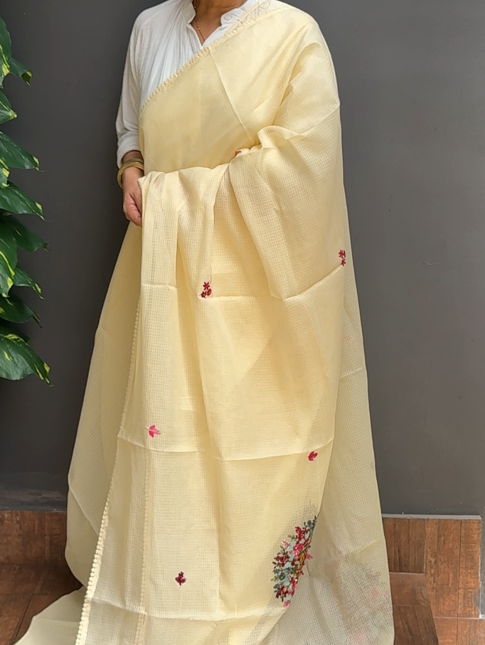 2008SR05 | Creamish Tinted Yellow Soft Silky Cotta Saree W/ Full Body Floral Handwork Motifs W/ Crochet Lace Border & Pallu