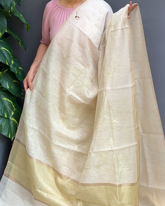 1907SR05 | Pista Green Linen Tissue Saree W/ Full Body Thread Embroidery Work W/Border & Pallu