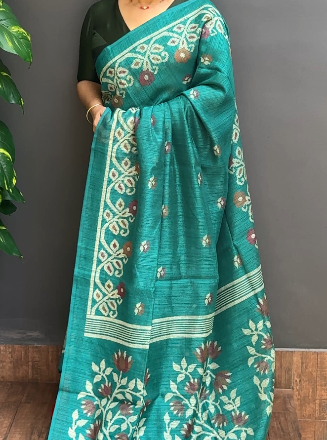 2020SR06 | Peacock Green Semi Green Silk Saree W/ Full Body Jamdhani Print W/ Border & Pallu
