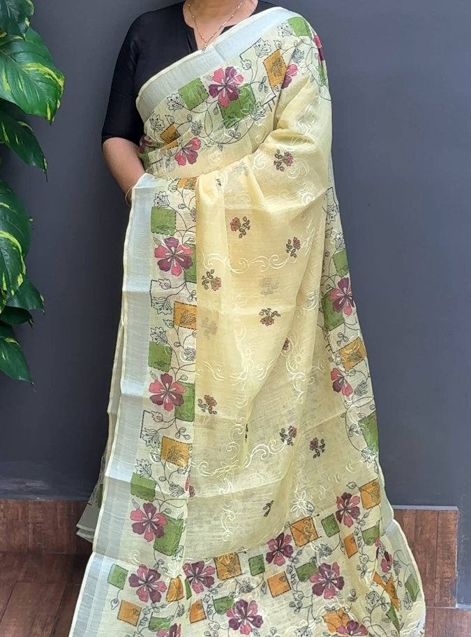 2016SR06 | Pastel Yellow Soft Semi Linen Saree W/ Full Body Thread Embroidery Work W/ Border & Pallu