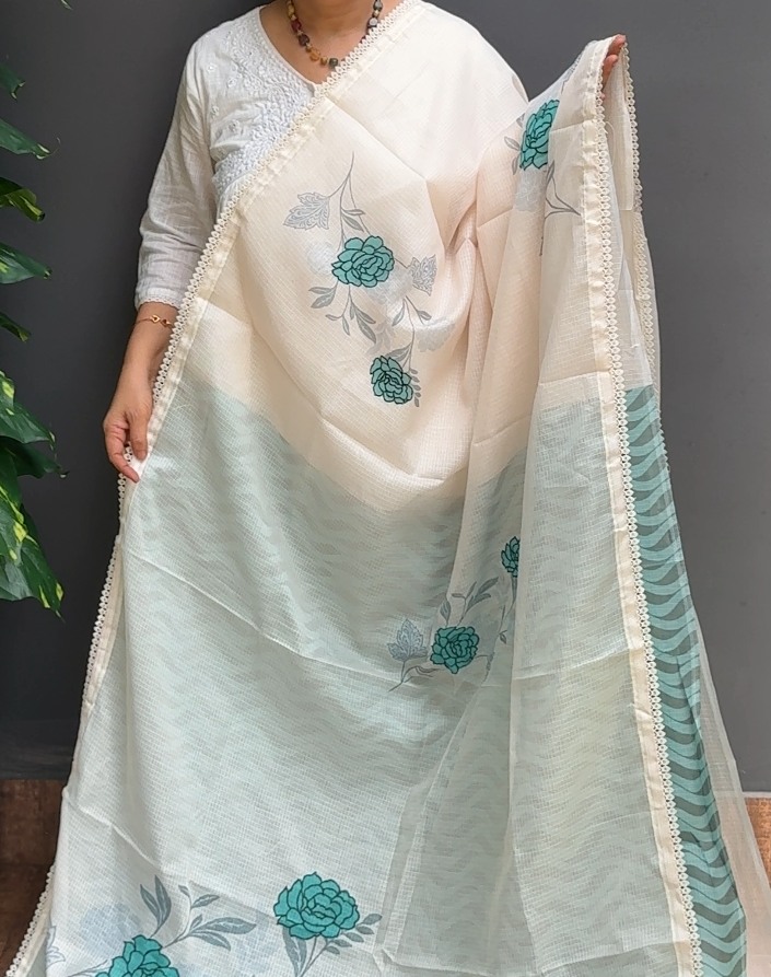 1965SR07 | Ivory Cream Soft Silky Cotta Saree W/ Full Body Floral Design-Thread Work W/ Border & Pallu