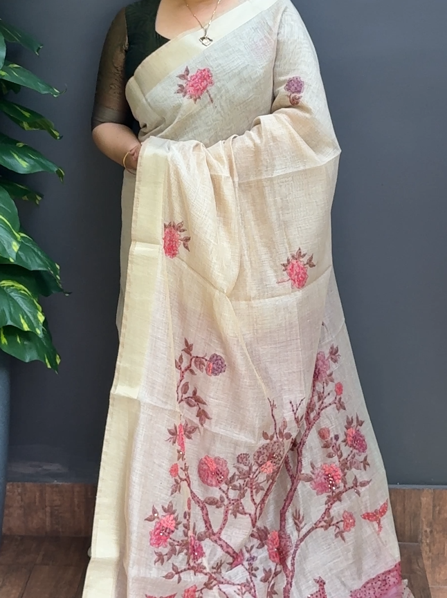 1903SR07 | Pearl Cream Blended Beige Pure Linen Blended Pure Chanderi Saree W/ Full Body Floral Handwork W/ Border & Pallu