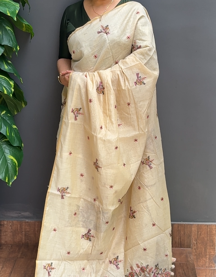 2006SR07 | Pearl Cream Soft Chanderi Saree W/ Full Body Thread Embroidery Work W/ Pallu