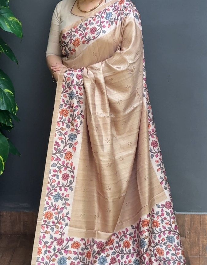 2001SR08 | Beige Soft Semi Silk Saree W/ Full Body Multicolor Kalamkari Design W/ Border & Pallu