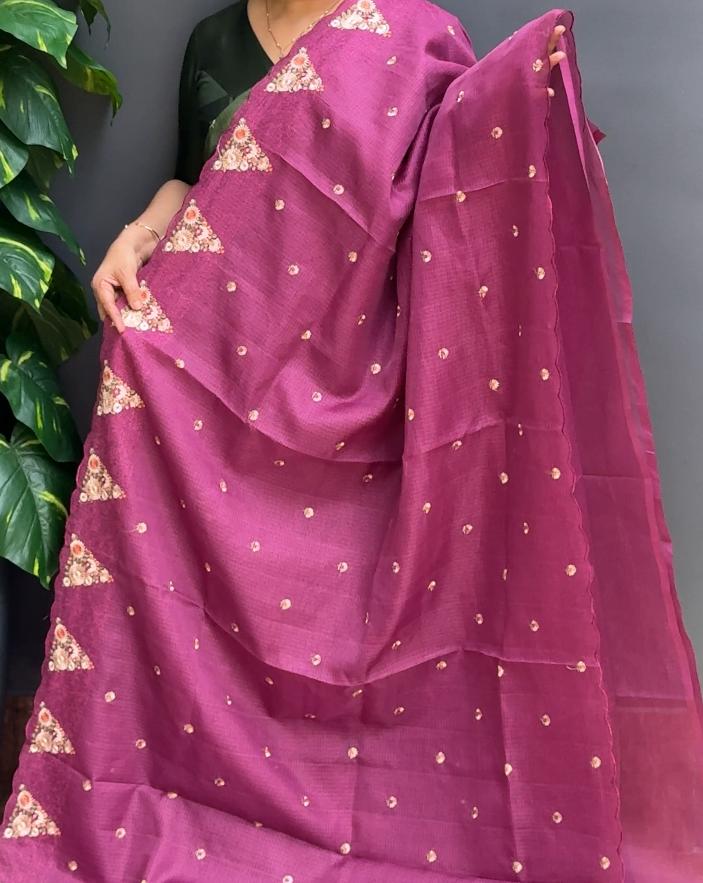 2007SR08 | Persian Rose Silky Cotta Saree W/ Full Body Multicolor Floral Embroidery Work W/ Border & Pallu