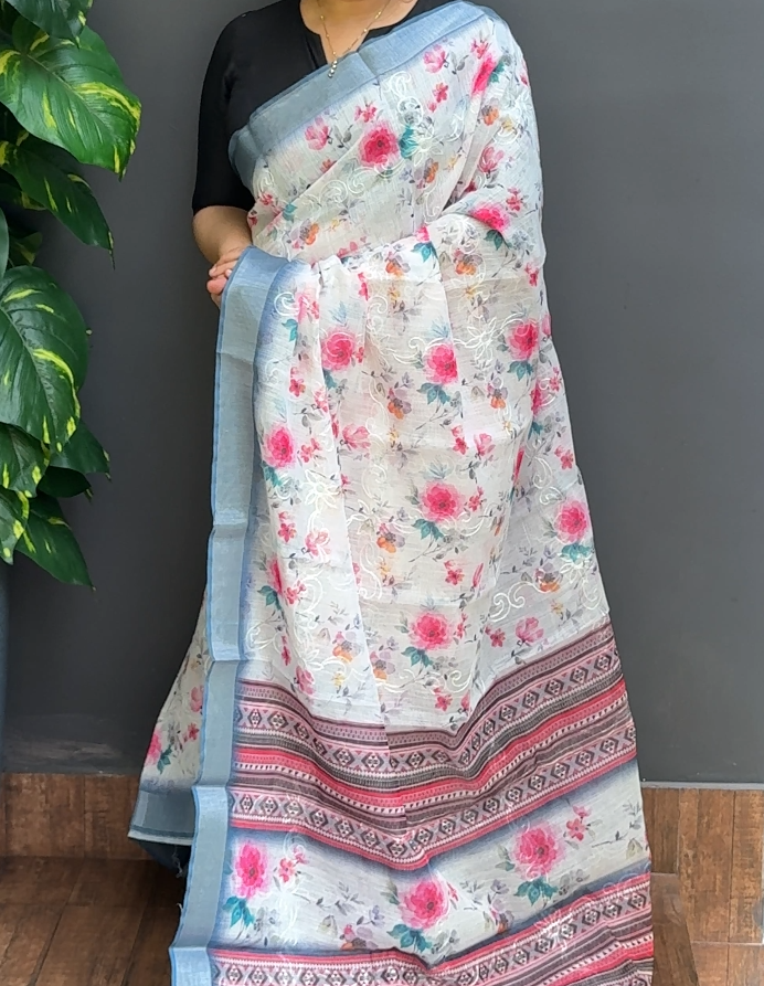 2016SR08 | White Soft Semi Linen Saree W/ Full Body Thread Embroidery Work W/ Border & Pallu