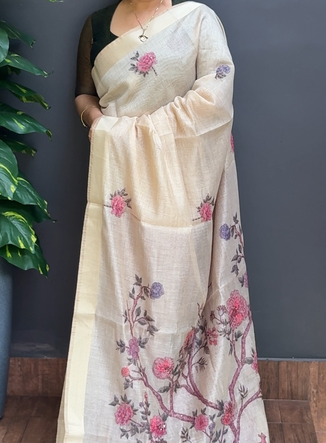 1903SR09 | Pearl Cream Blended Beige Pure Linen Blended Pure Chanderi Saree W/ Full Body Floral Handwork W/ Border & Pallu
