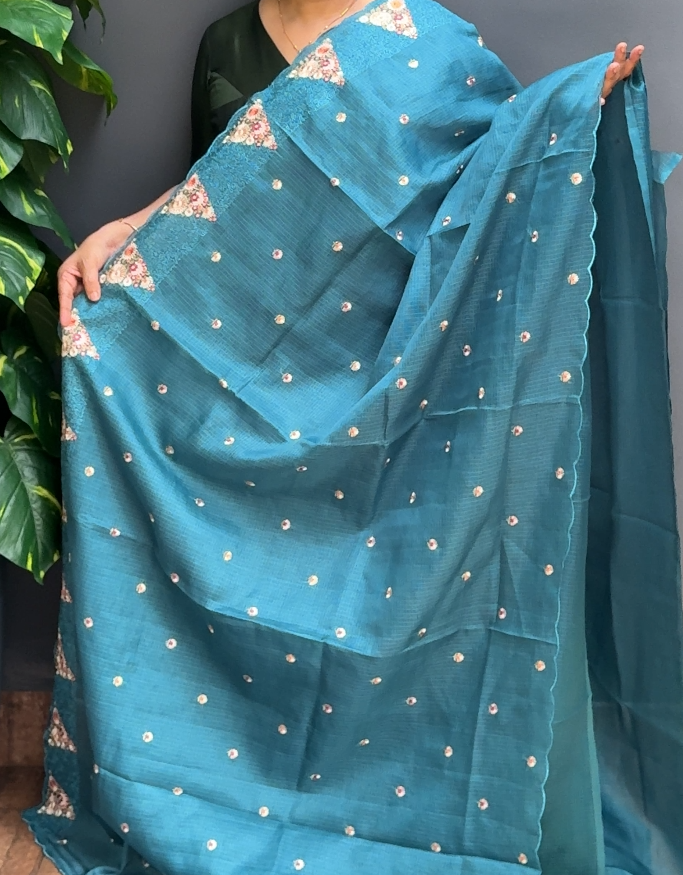 2007SR09 | Peacock Blue Silky Cotta Saree W/ Full Body Multicolor Floral Embroidery Work W/ Border & Pallu