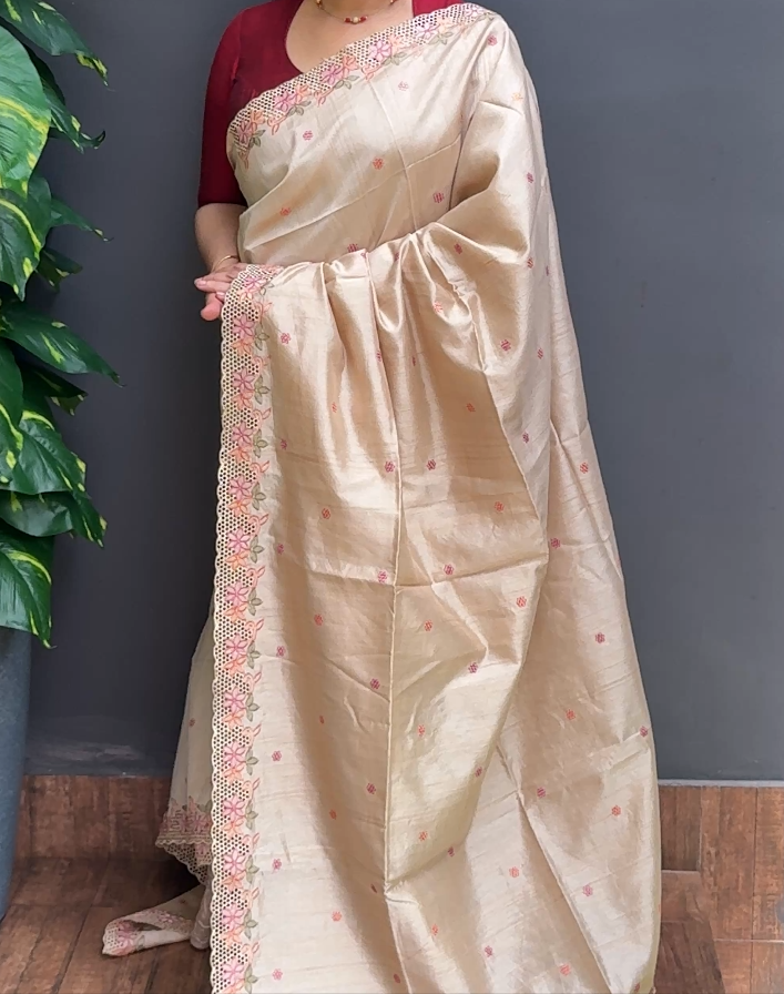 2036SR01 | Pearl Cream Soft Semi Silk Saree W/ Full Body Floral Embroidery Work Motifs W/ Cutwork Border & Pallu