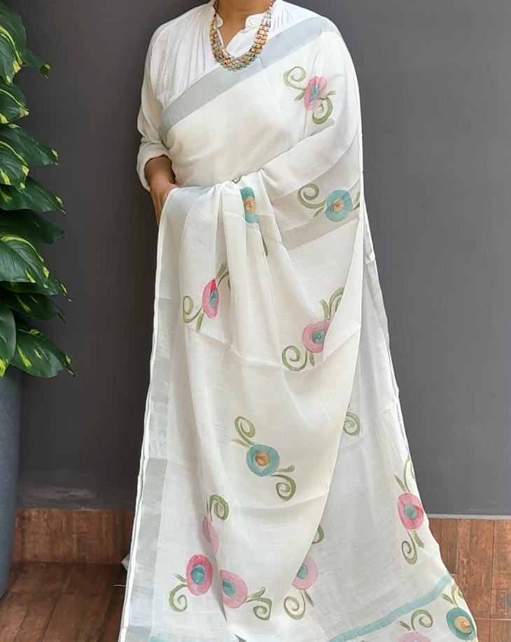 2060SR01 | Off-White Soft Semi Linen Saree W/ Full Body Floral Design-Foil Printed W/ Border & Pallu