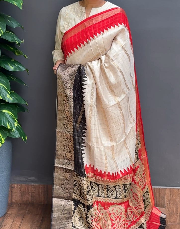 2049SR01 | Triple Color Soft Semi Dola Silk Saree W/ Full Body Horizontal Woven-Checkered Pattern W/ Temple Woven Border & Pallu