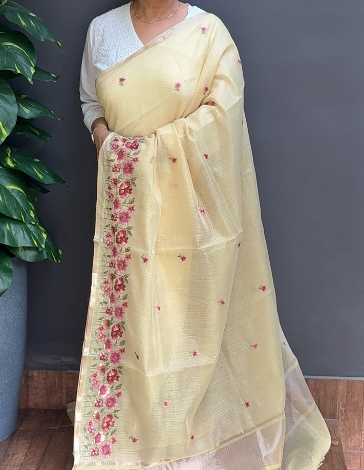 2052SR10 | Pastel Yellow Silky Cotta Saree W/ Full Body Embroidery Work W/ Border & Pallu