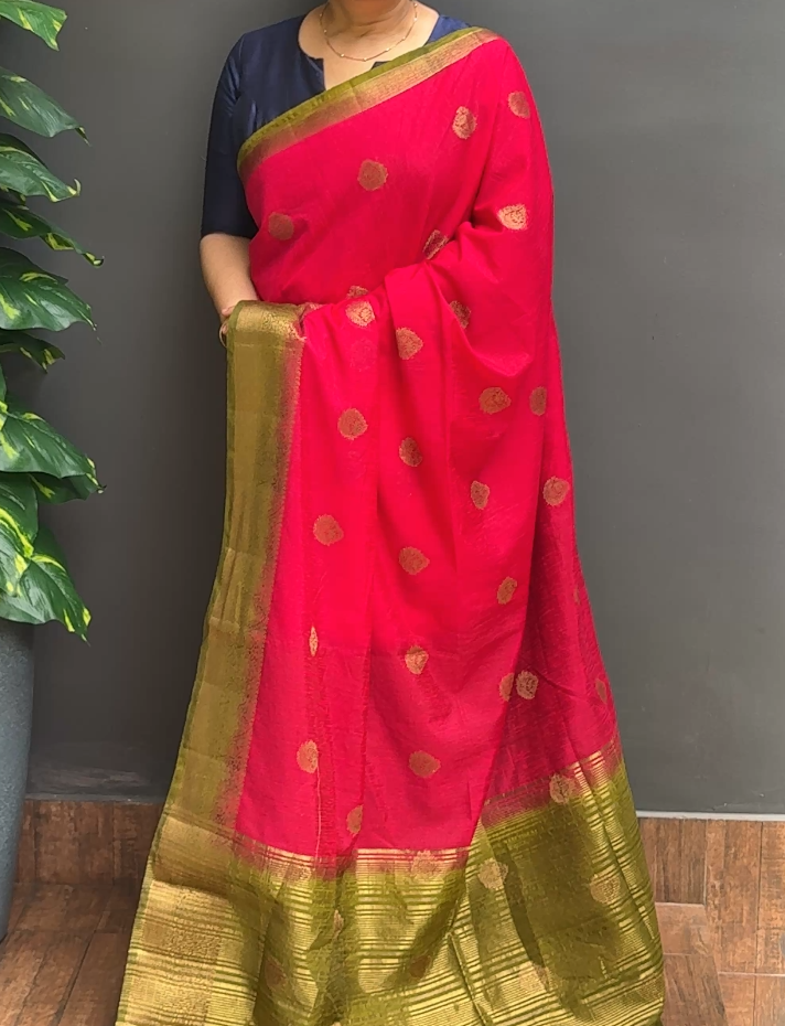2043SR11 | Rani Pink With Mehandi Green Soft Semi Jute Silk Saree W/ Full Body Banarasi Butti Work W/ Banarasi Border & Pallu