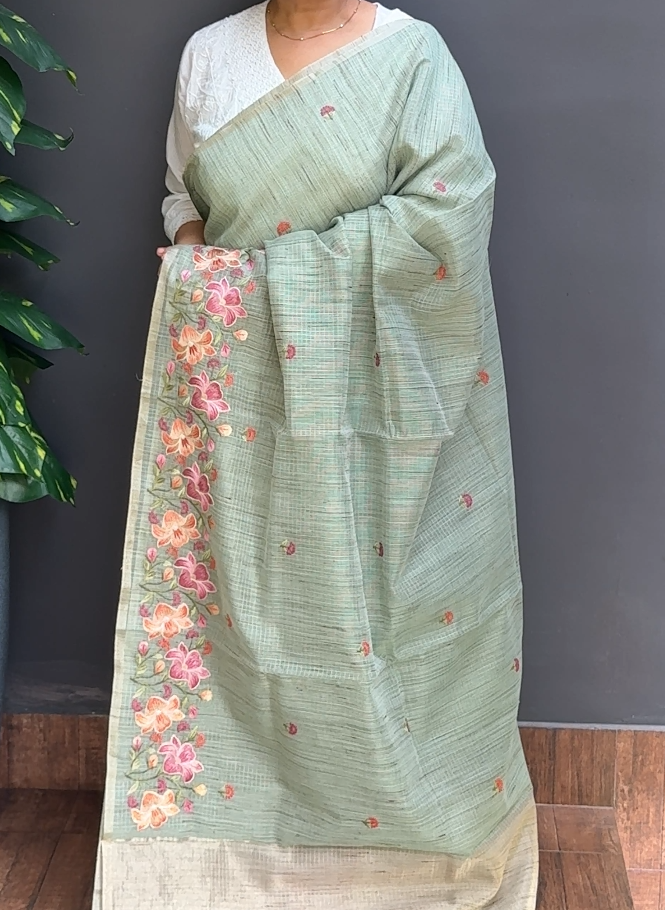 2052SR13 | Sage Green Silky Cotta Saree W/ Full Body Embroidery Work W/ Border & Pallu